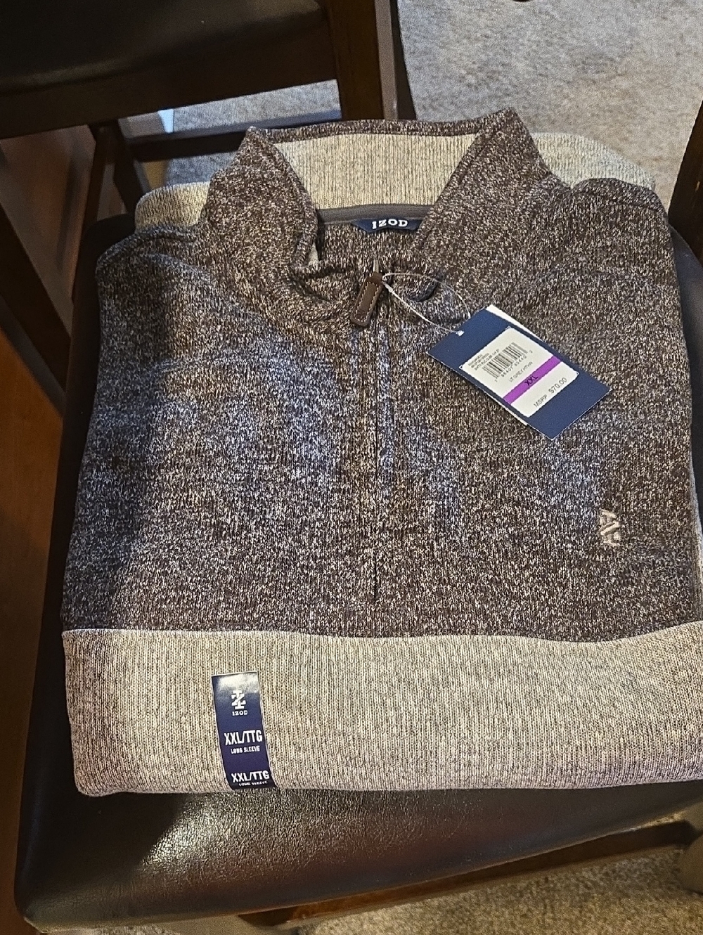Izod Men's Heathered Two-Tone Quarter-Zip Sweater — Charcoal and Light Gray